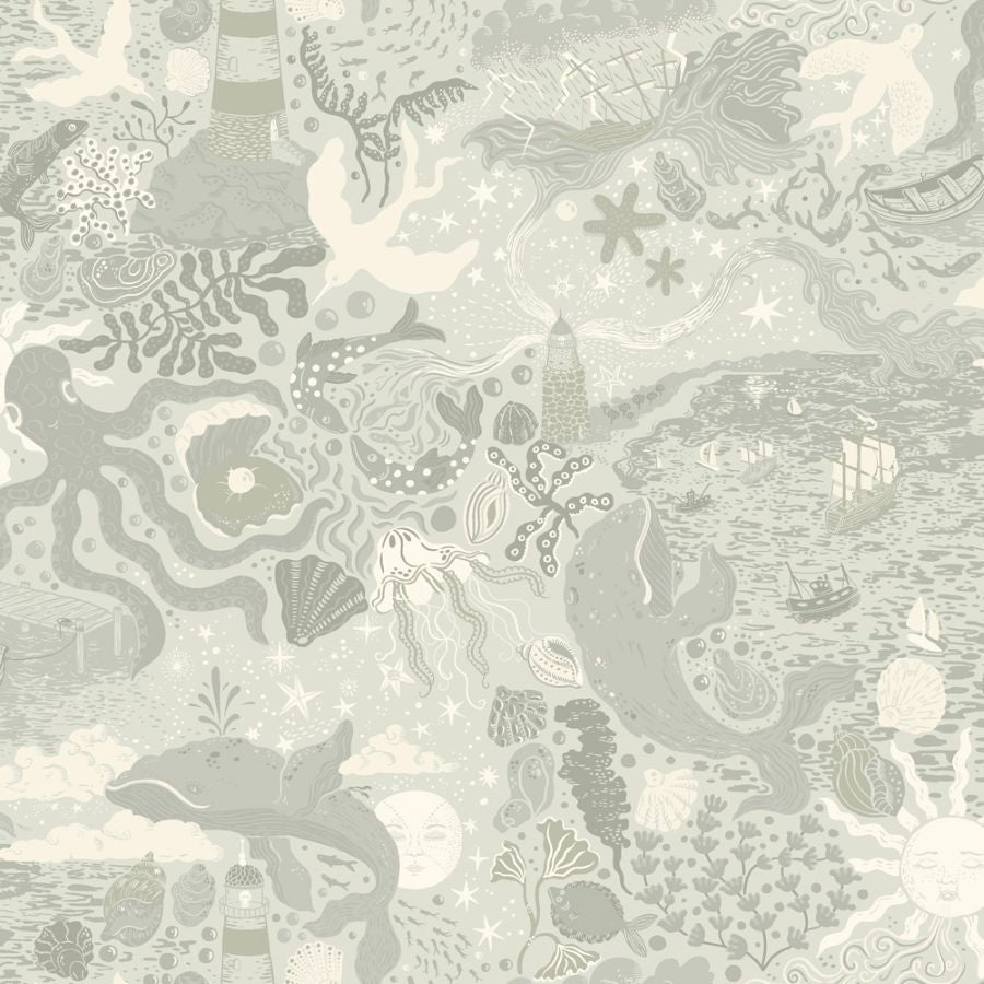 Havet Midbec uit Resan collectie kinderkamer behang zeedieren zacht groen 29017