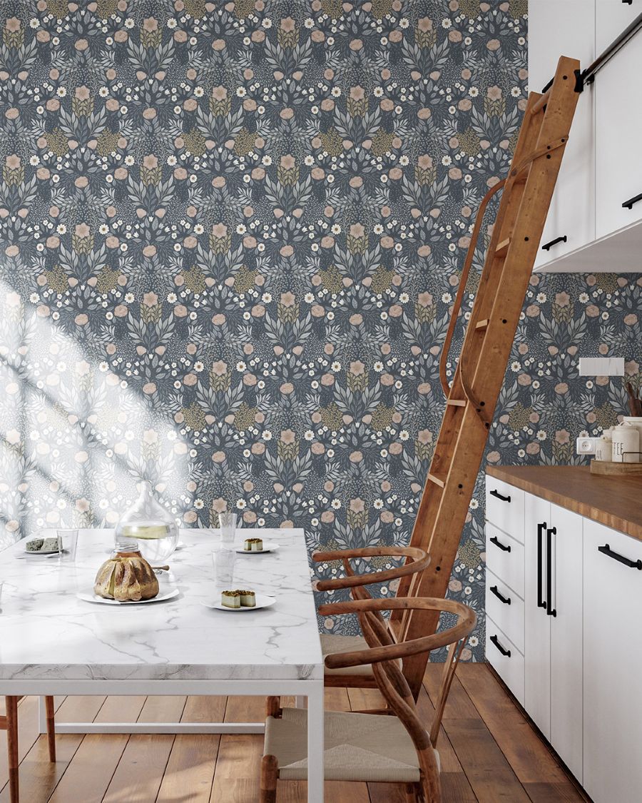 Midbec ang bloemen behang voor de kinderkamer donkerblauw 26004