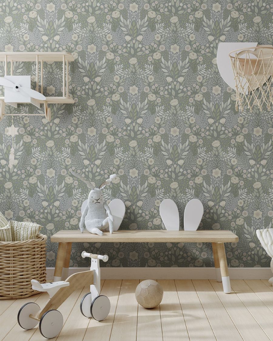 Midbec ang bloemen behang voor de kinderkamer vergrijsd blauw 26019