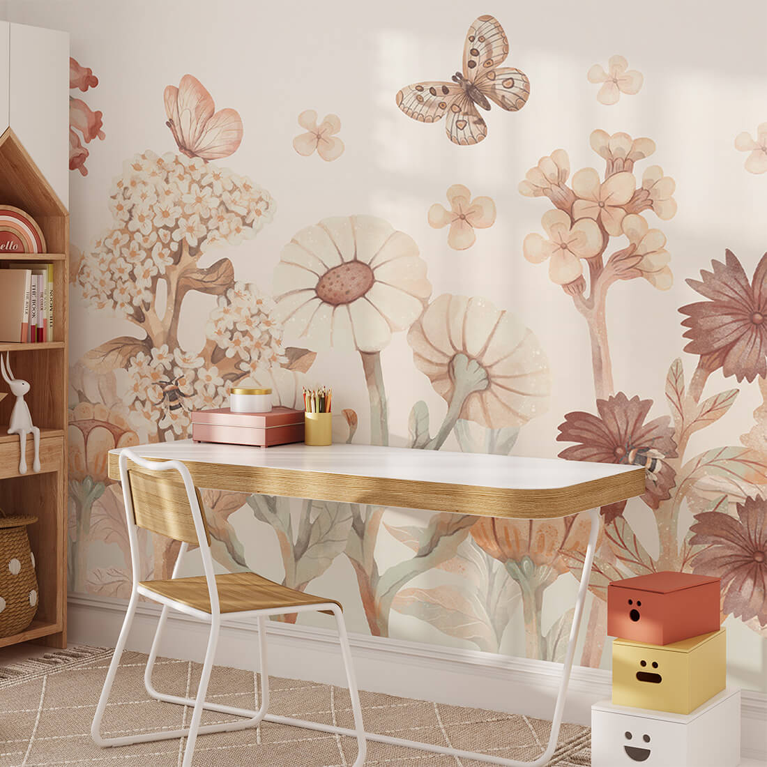 Pastelowe Love Flowers boho bloemen behang voor meisjeskamer en babykamer bruin terra