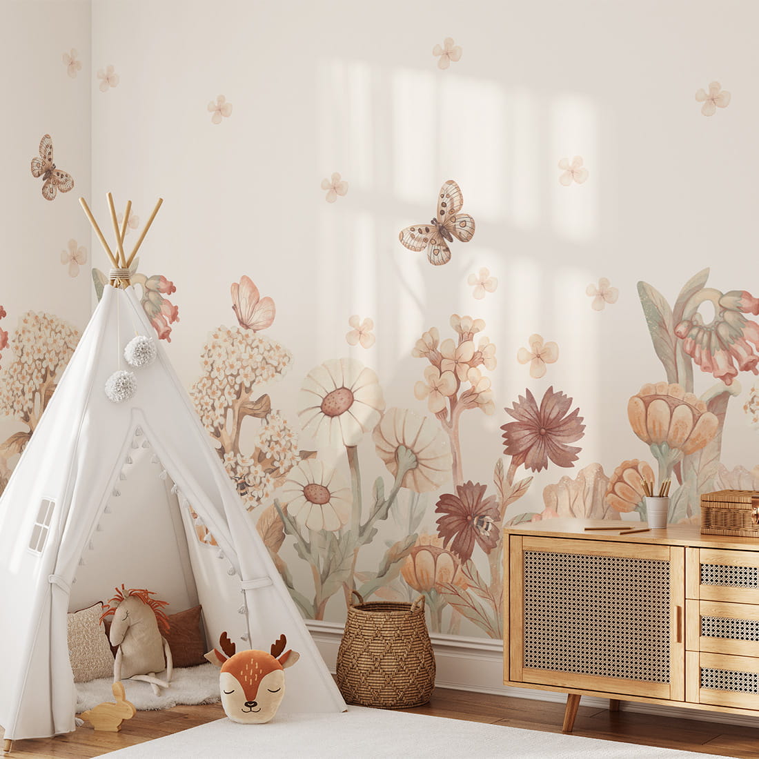 Pastelowe Love Flowers boho bloemen behang voor meisjeskamer en babykamer bruin terra