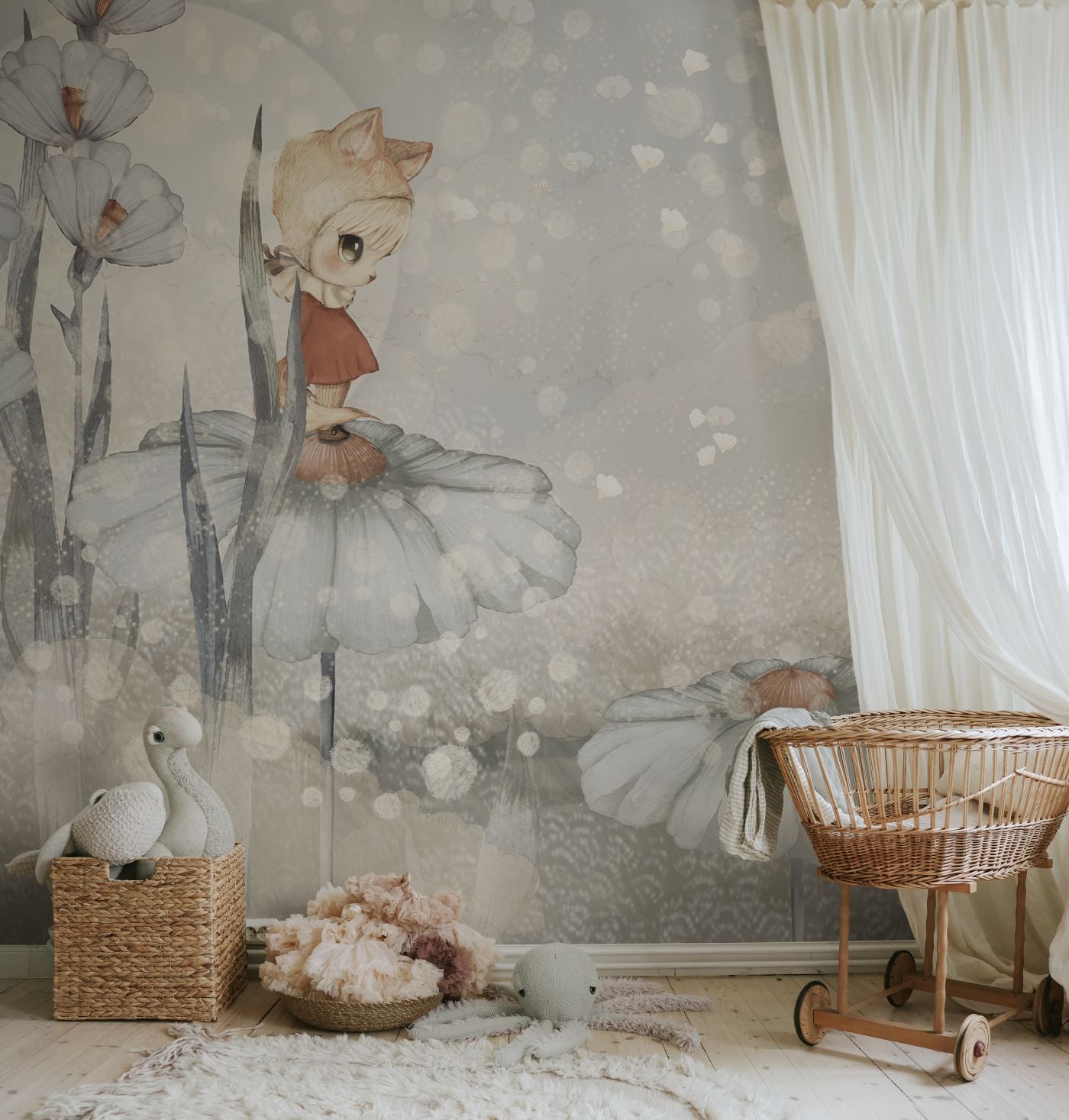 Rebel Walls x Mrs. Mighetto Bloomy Fields of Marion Blue Blauw dromerig behang voor meisjeskamer R20298