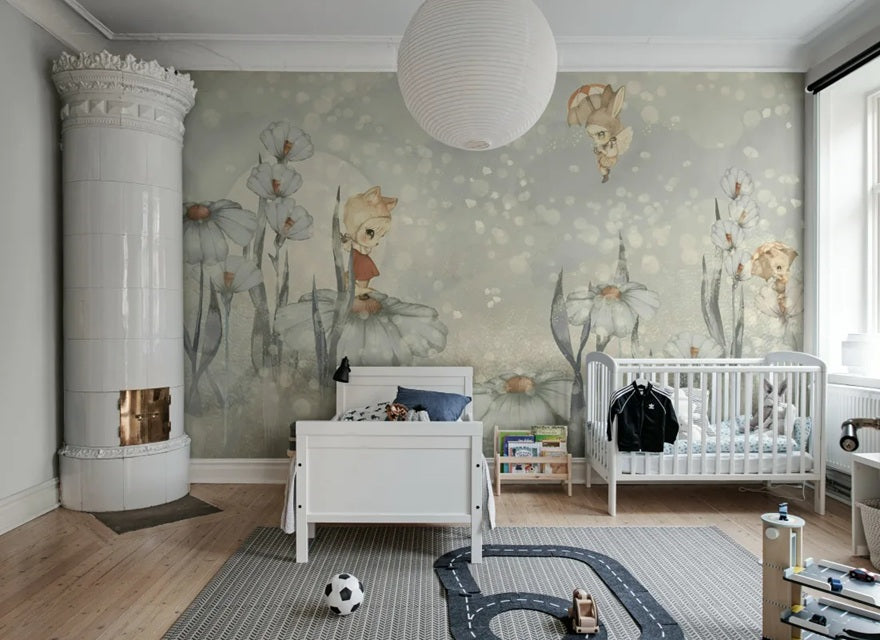 Rebel Walls x Mrs. Mighetto Bloomy Fields of Marion Blue Blauw dromerig behang voor meisjeskamer R20298