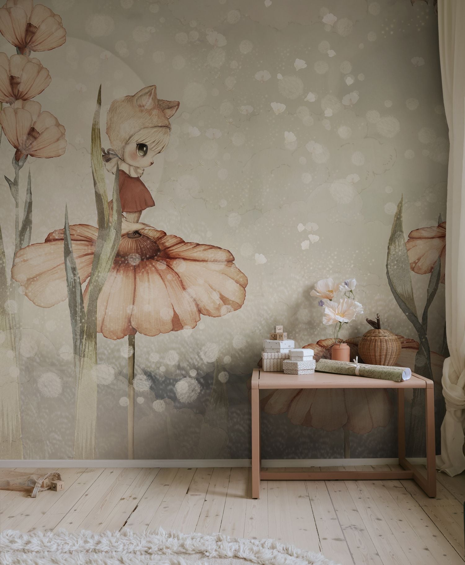 Rebel Walls x Mrs. Mighetto Bloomy Fields of Marion vergrijsd groen dromerig bloemen behang voor meisjeskamer en babykamer R20300