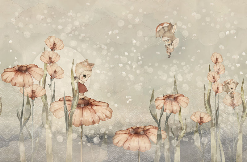 Rebel Walls x Mrs. Mighetto Bloomy Fields of Marion vergrijsd groen dromerig bloemen behang voor meisjeskamer en babykamer R20300