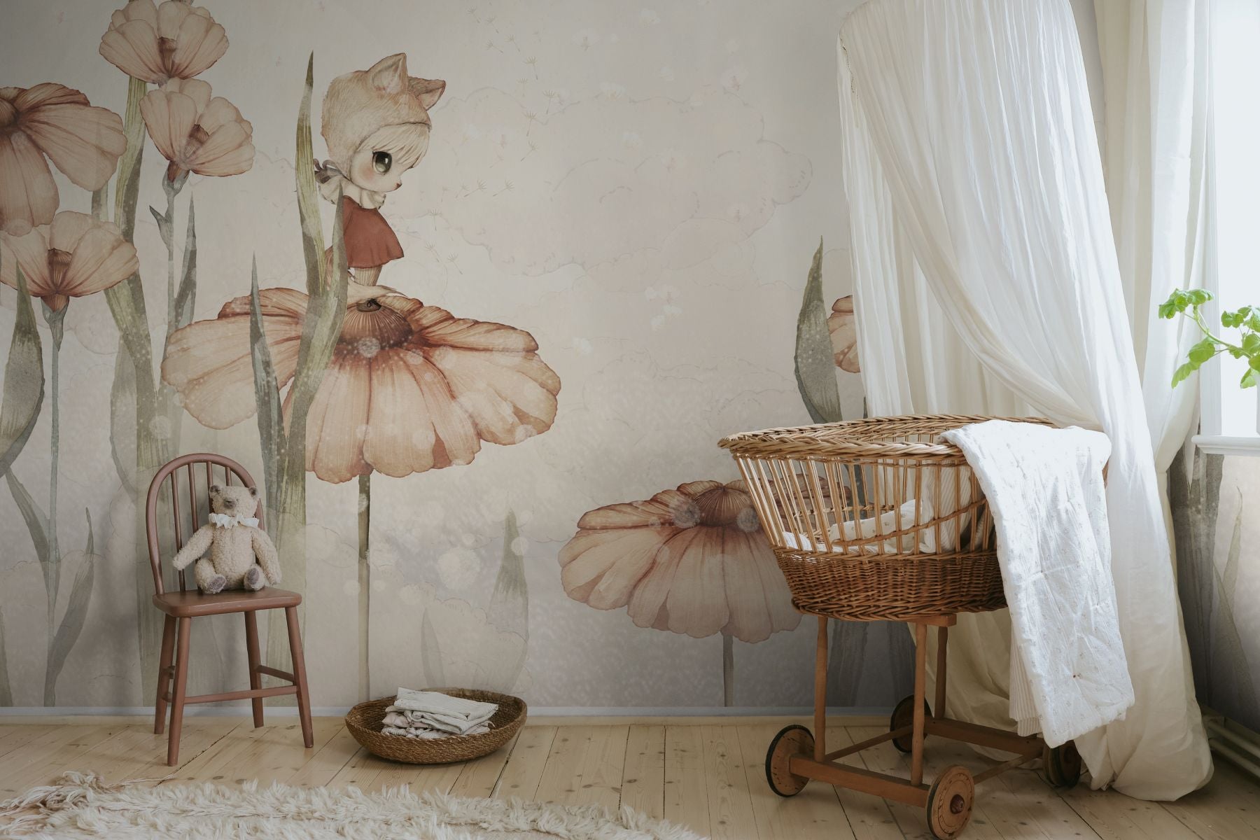 Rebel Walls x Mrs. Mighetto Bloomy Fields of Marion Off white dromerig behang voor meisjeskamer en babykamer R20401