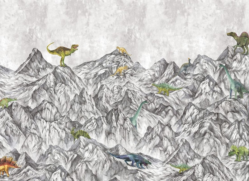 Rebel Walls Dinosaur Mountain dino behang voor de jongenskamer grijs