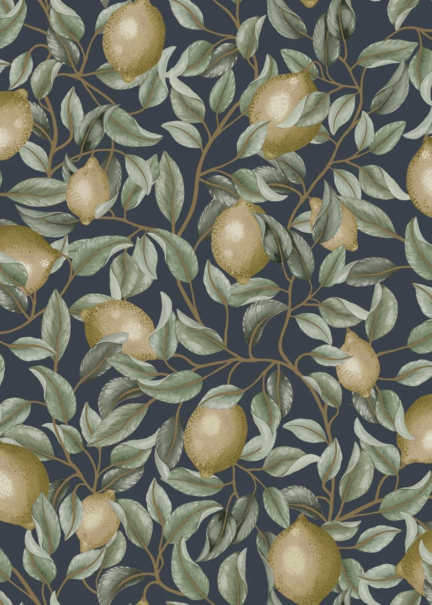 Summer Gray Lemon Trees midnight blue Citroenen behang voor de kinderkamer donker blauw
