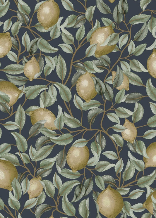 Summer Gray Lemon Trees midnight blue Citroenen behang voor de kinderkamer donker blauw