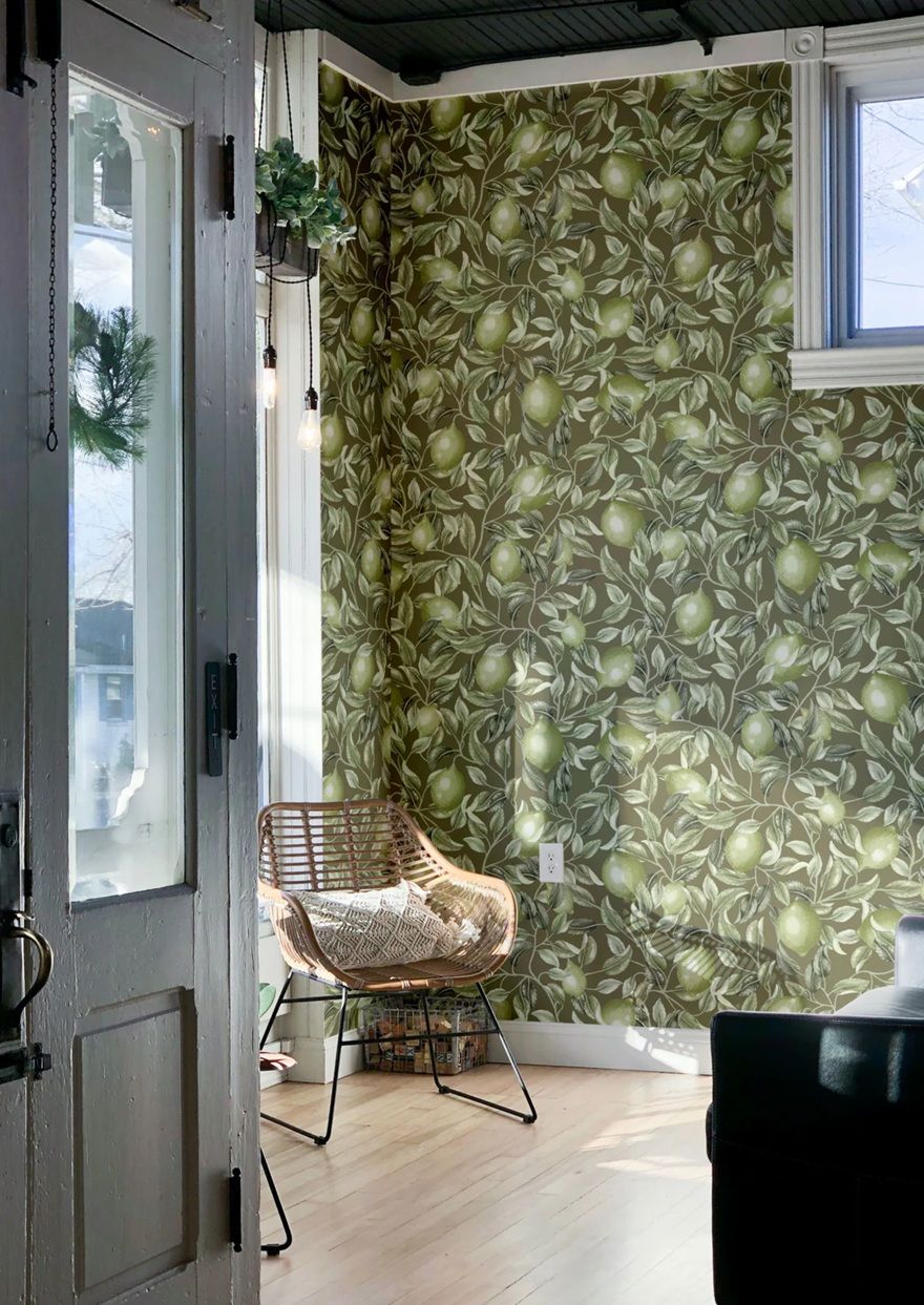 Summer Gray Lemon Trees Olive Green Citroenen behang voor de kinderkamer groen bruin