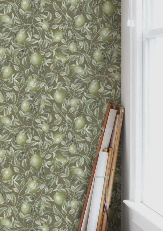 Summer Gray Lemon Trees Olive Green Citroenen behang voor de kinderkamer groen bruin