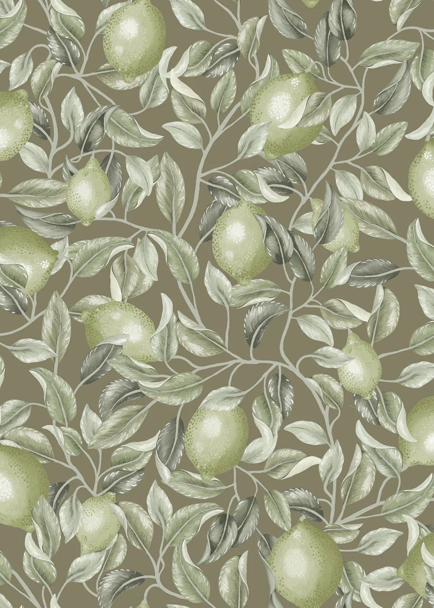 Summer Gray Lemon Trees Olive Green Citroenen behang voor de kinderkamer groen bruin