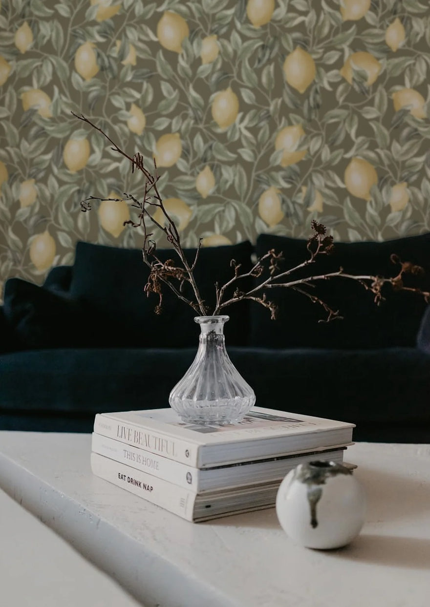 Summer Gray Lemon Trees Sage Green Citroenen behang voor de kinderkamer groen bruin