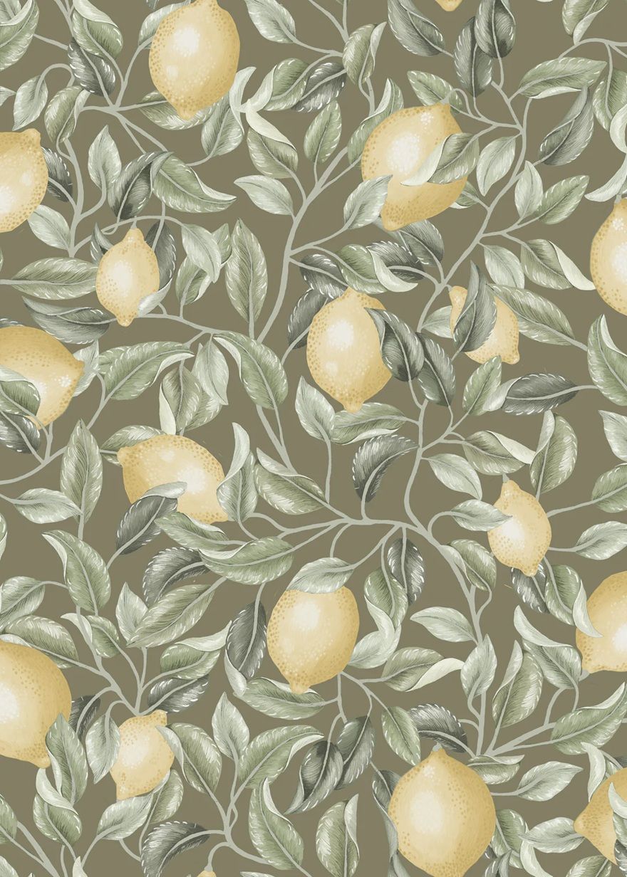 Summer Gray Lemon Trees Sage Green Citroenen behang voor de kinderkamer groen bruin