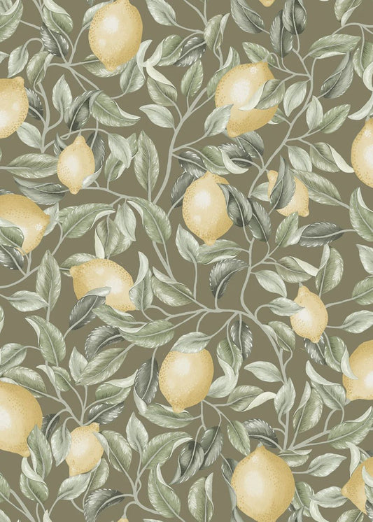 Summer Gray Lemon Trees Sage Green Citroenen behang voor de kinderkamer groen bruin