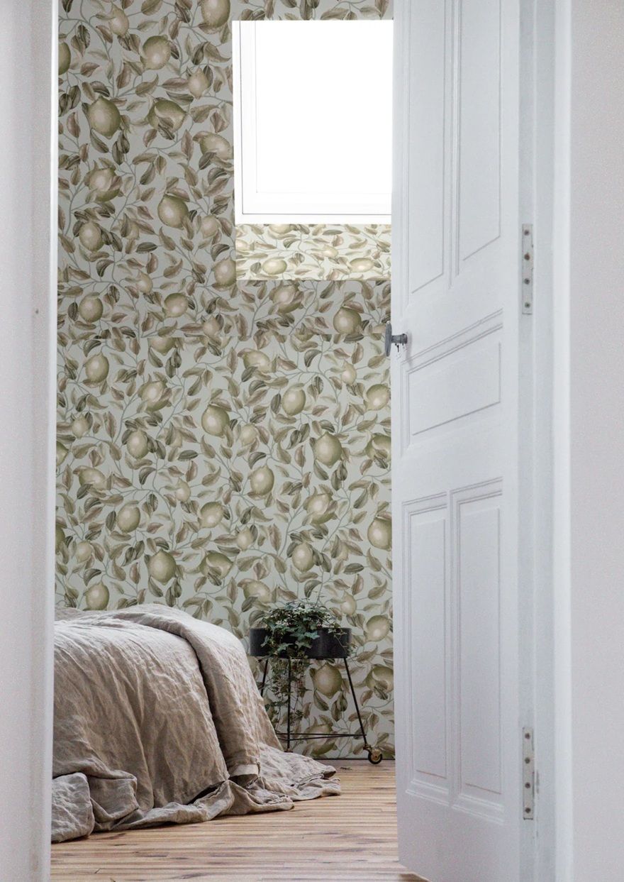 Summer Gray Lemon Trees seagrass Green Citroenen behang voor de kinderkamer groen  beige