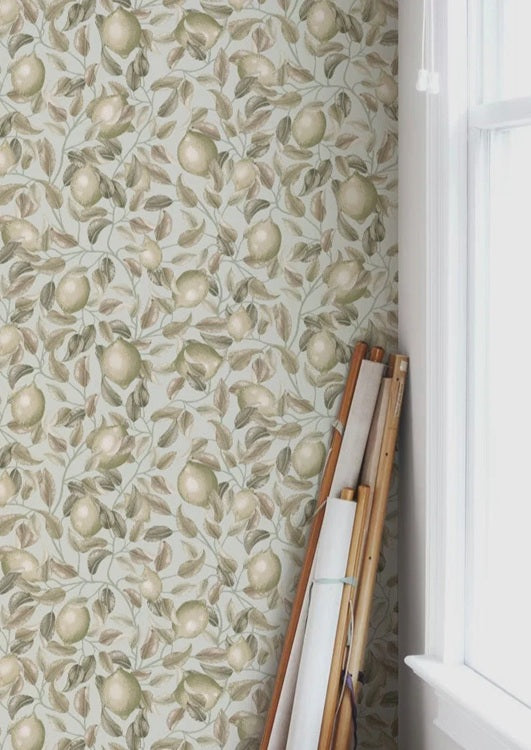 Summer Gray Lemon Trees seagrass Green Citroenen behang voor de kinderkamer groen  beige