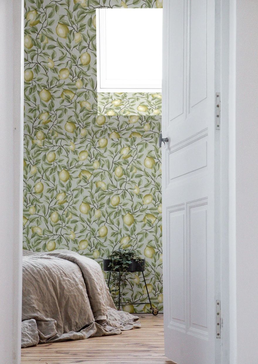 Summer Gray Lemon Trees Tea Green Citroenen behang voor de kinderkamer groen  beige