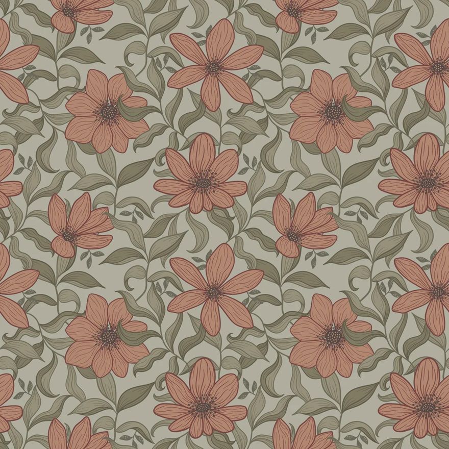 Summer Gray Fredrik Ruby bloemenbehang voor de kinderkamer en babykamer in lichtblauw groen en rood/roze kleuren.