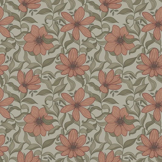 Summer Gray Fredrik Ruby bloemenbehang voor de kinderkamer en babykamer in lichtblauw groen en rood/roze kleuren.