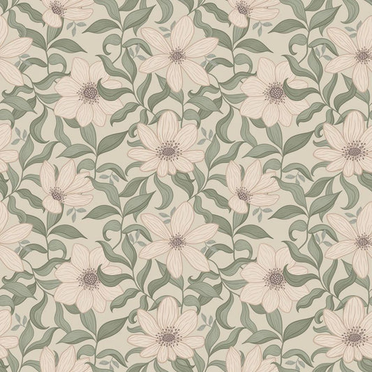 Summer Gray Fredrik Spring bloemenbehang voor de kinderkamer en babykamer in beige groen en offwhite kleuren.