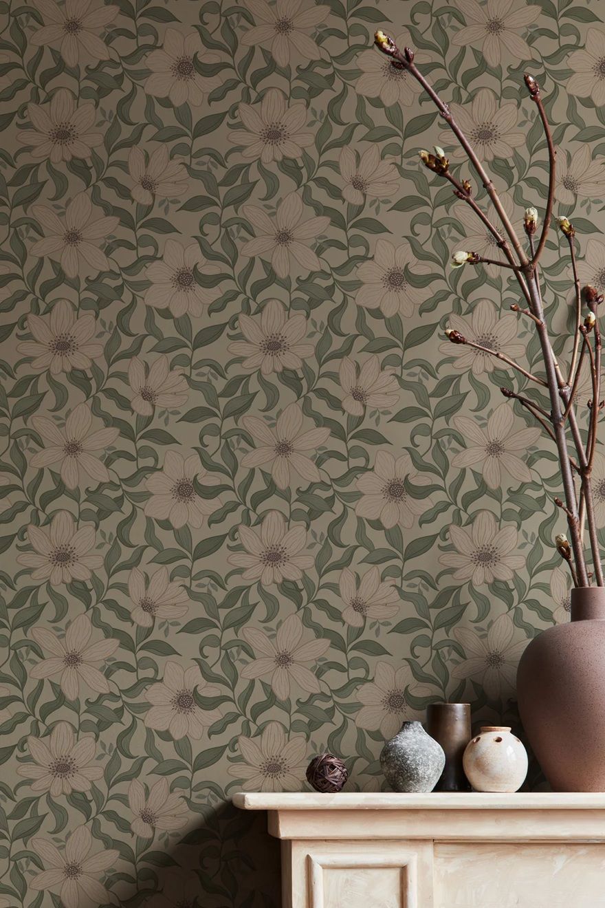 Summer Gray Fredrik Spring bloemenbehang voor de kinderkamer en babykamer in beige groen en offwhite kleuren.