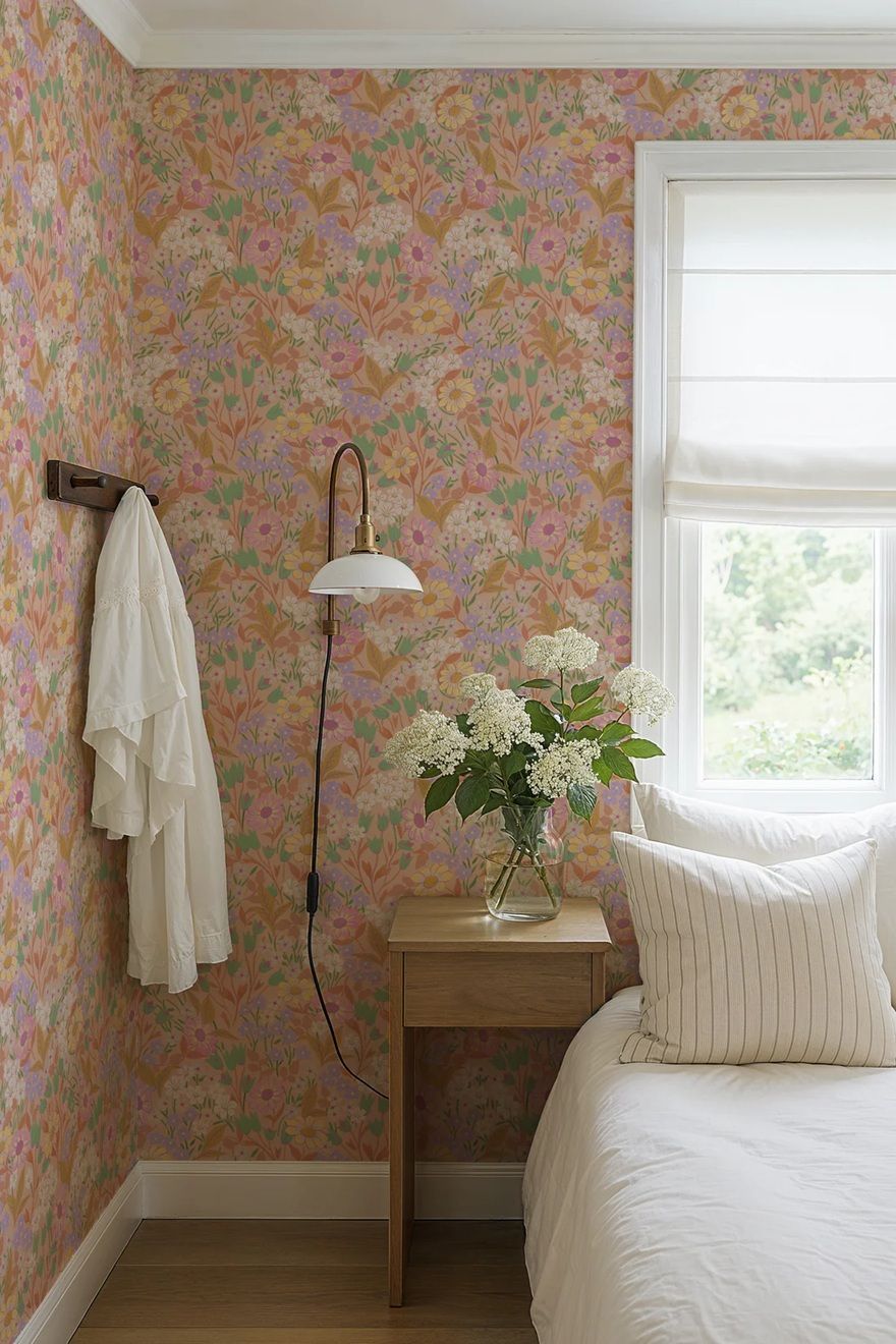 Summer Gray Lola apricot bloemen behang voor de meisjeskamer roze abrikoos