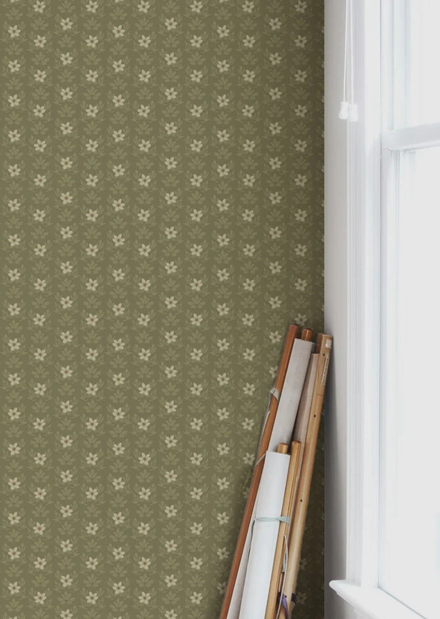 Summer Gray Wood Anemone green bloemen behang voor de meisjeskamer of babykamer groen