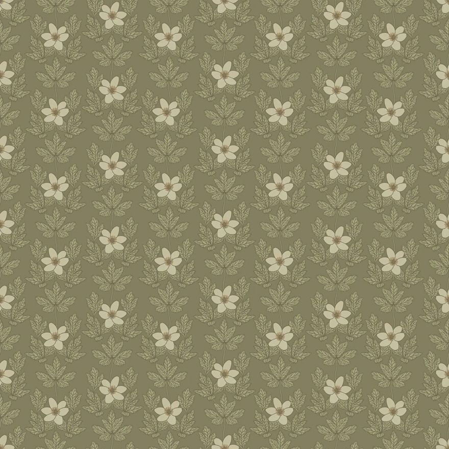 Summer Gray Wood Anemone green bloemen behang voor de meisjeskamer of babykamer groen