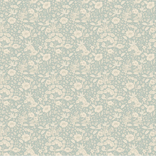 Summer Gray Doris bloemen behang voor de kinderkamer en babykamer dusty blue lichtblauw