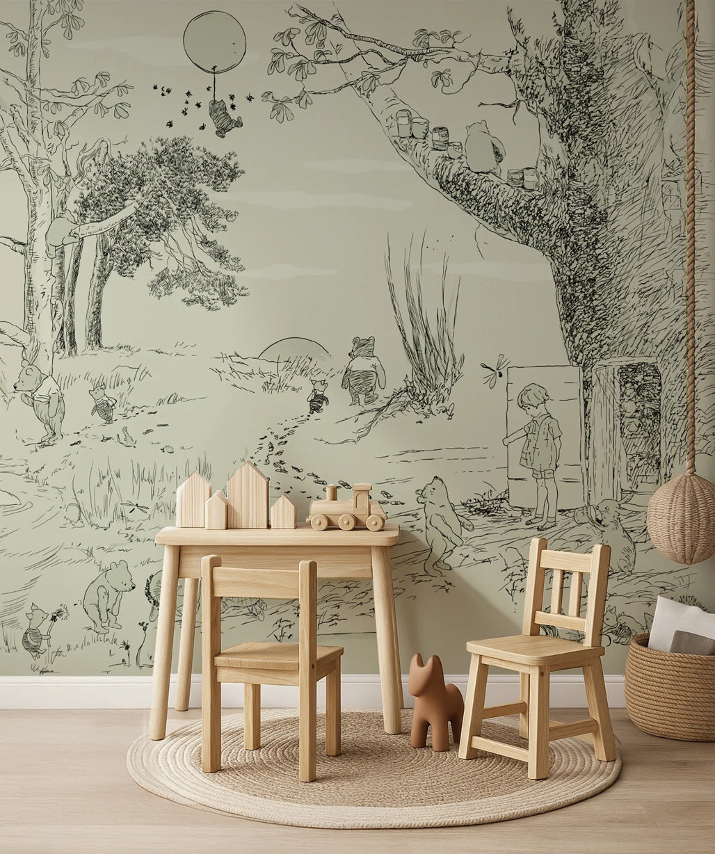 Vintage cartoon behang annet weelink voor de kinderkamer winnie the poeh babykamer neutrale babykamer jongenskamer meisjeskamer groen