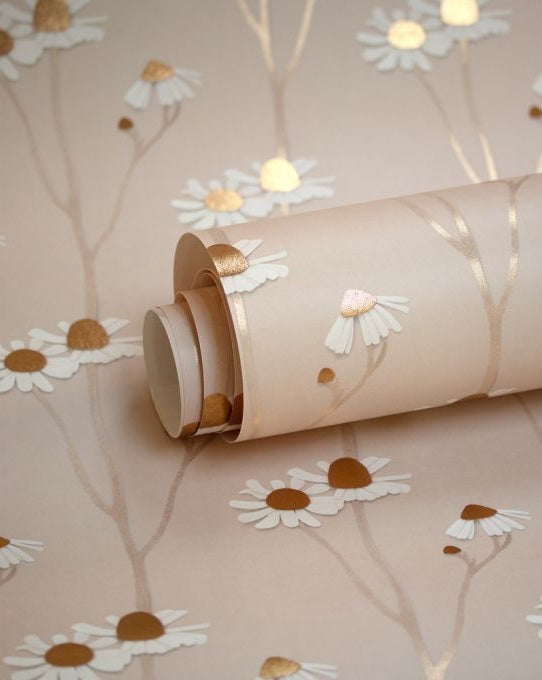 Studio Ditte behang kinderkamer bloemen behang kamille poederroze met goud