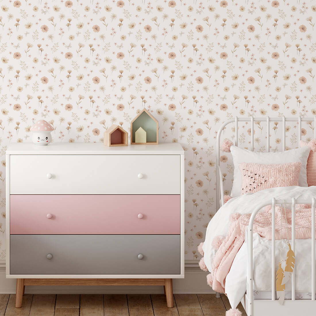 Pastelowe Love Flowers Meadow bloemenbehang voor meisjeskamer en babykamer wit roze groen