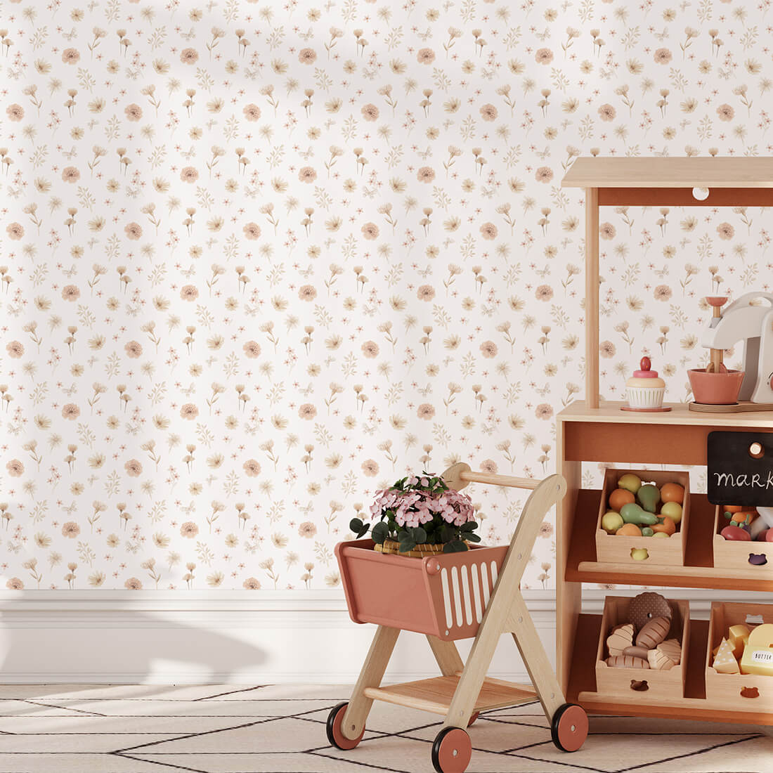 Pastelowe Love Flowers Meadow bloemenbehang voor meisjeskamer en babykamer wit roze groen