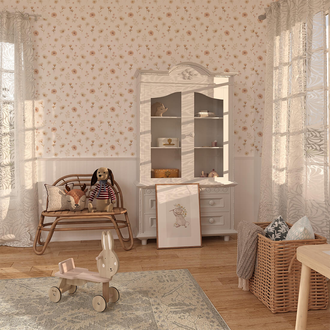 Pastelowe Love Flowers Meadow bloemenbehang voor meisjeskamer en babykamer wit roze groen