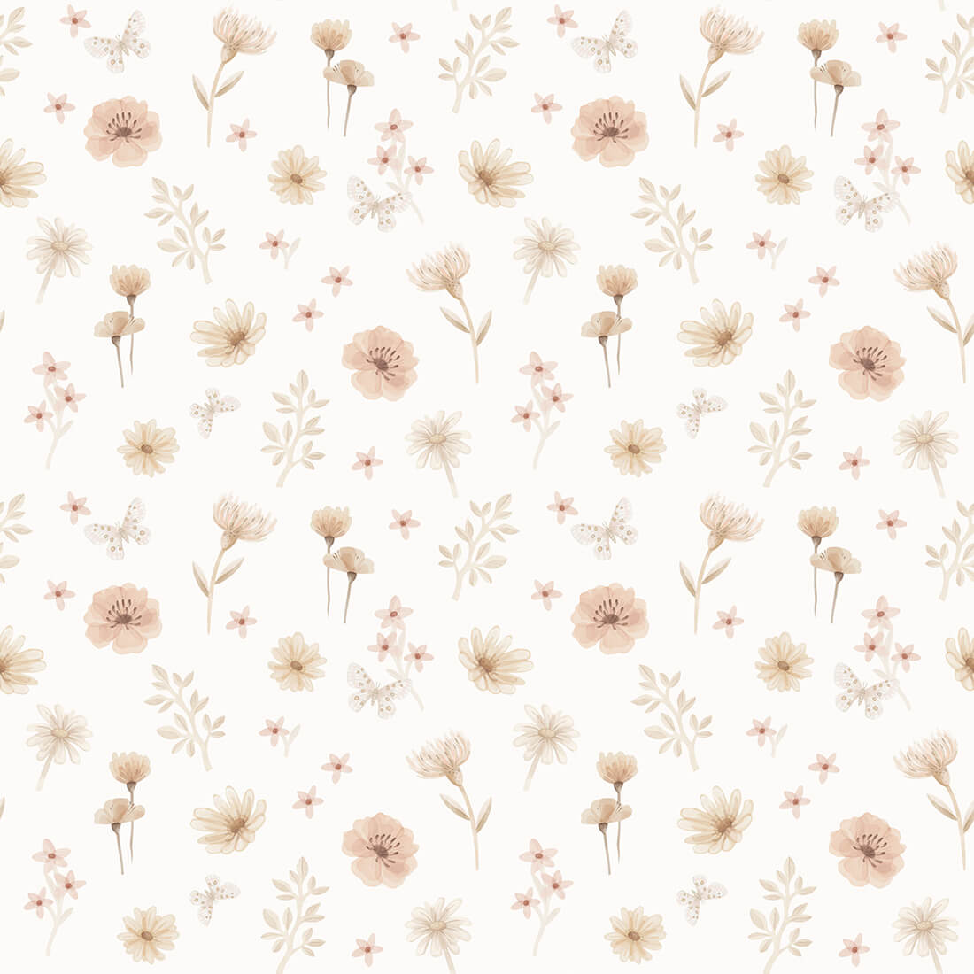 Pastelowe Love Flowers Meadow bloemenbehang voor meisjeskamer en babykamer wit roze groen
