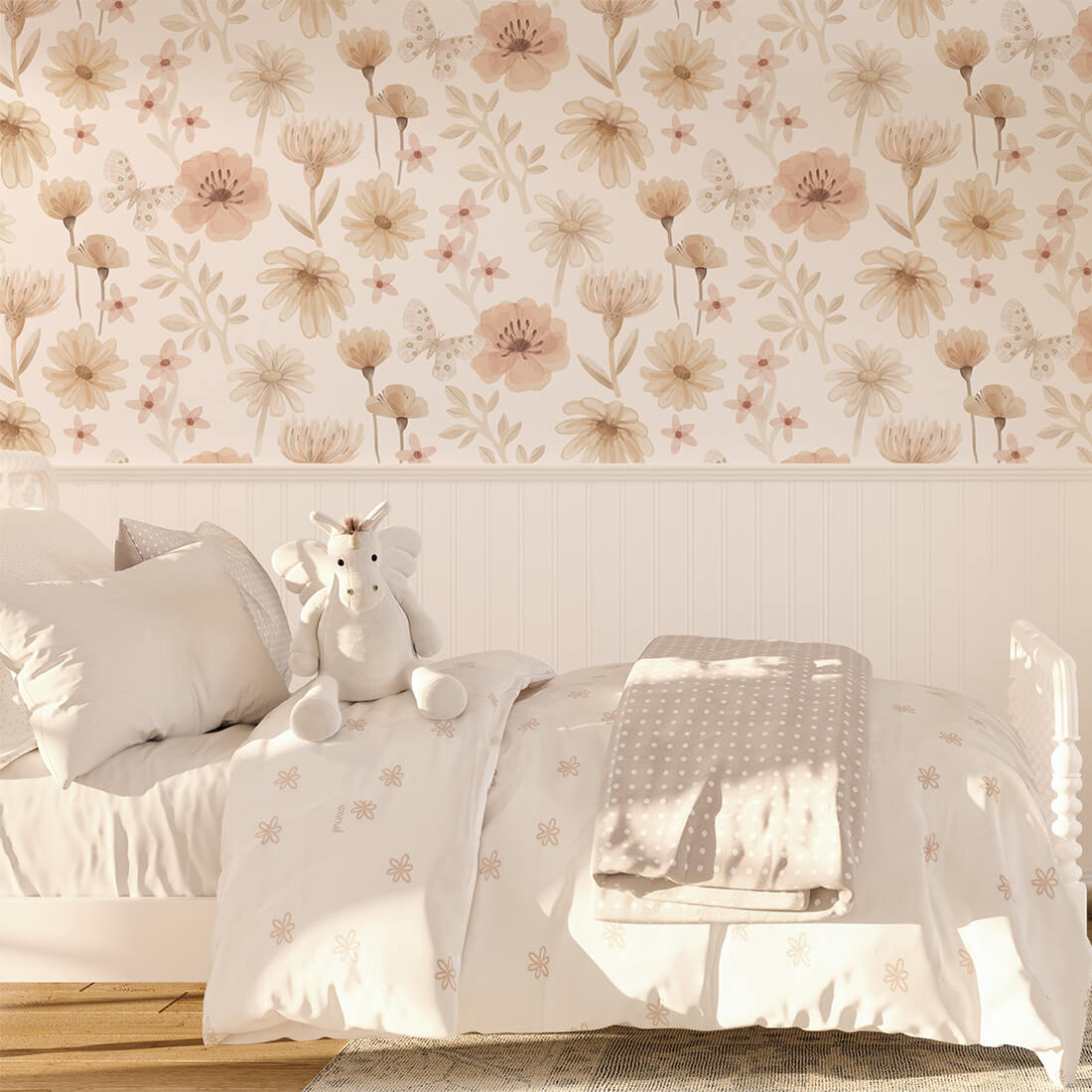 Pastelowe Love Flowers Meadow bloemenbehang voor meisjeskamer en babykamer wit roze groen