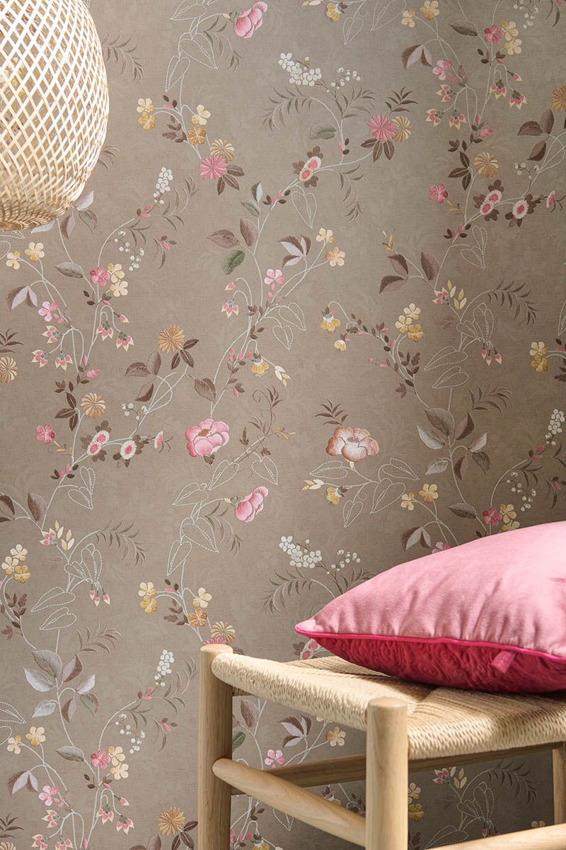 Pip Studio Eijffinger behang voor de kinderkamer tokyo blossom khaki bruin 333133