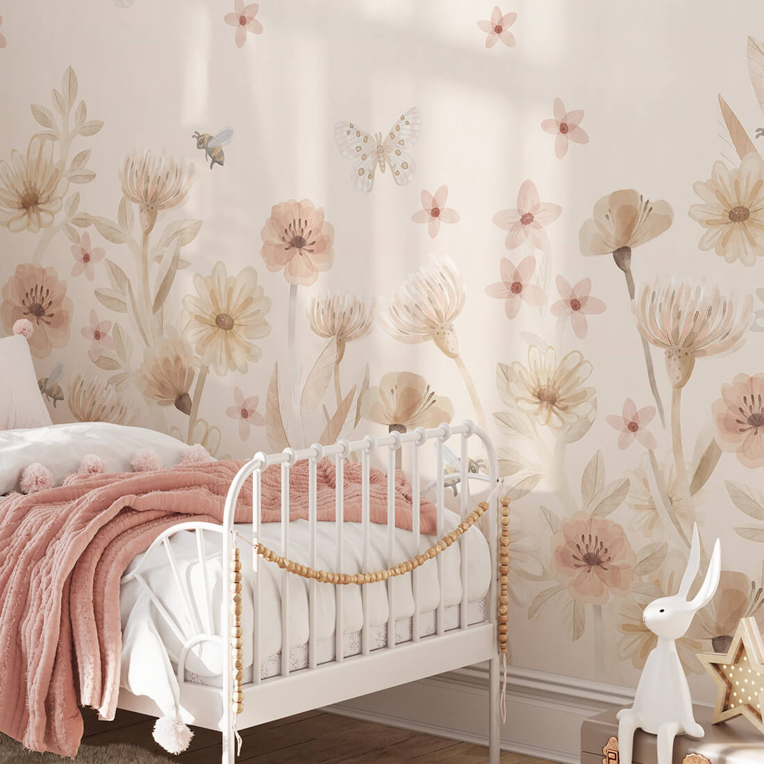 Pastelowe Love bloemenbehang mural voor de kinderkamer meisjeskamer babykamer roze