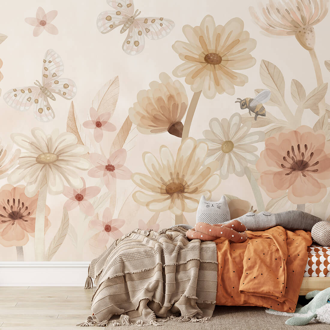 Pastelowe Love bloemenbehang mural voor de kinderkamer meisjeskamer babykamer roze