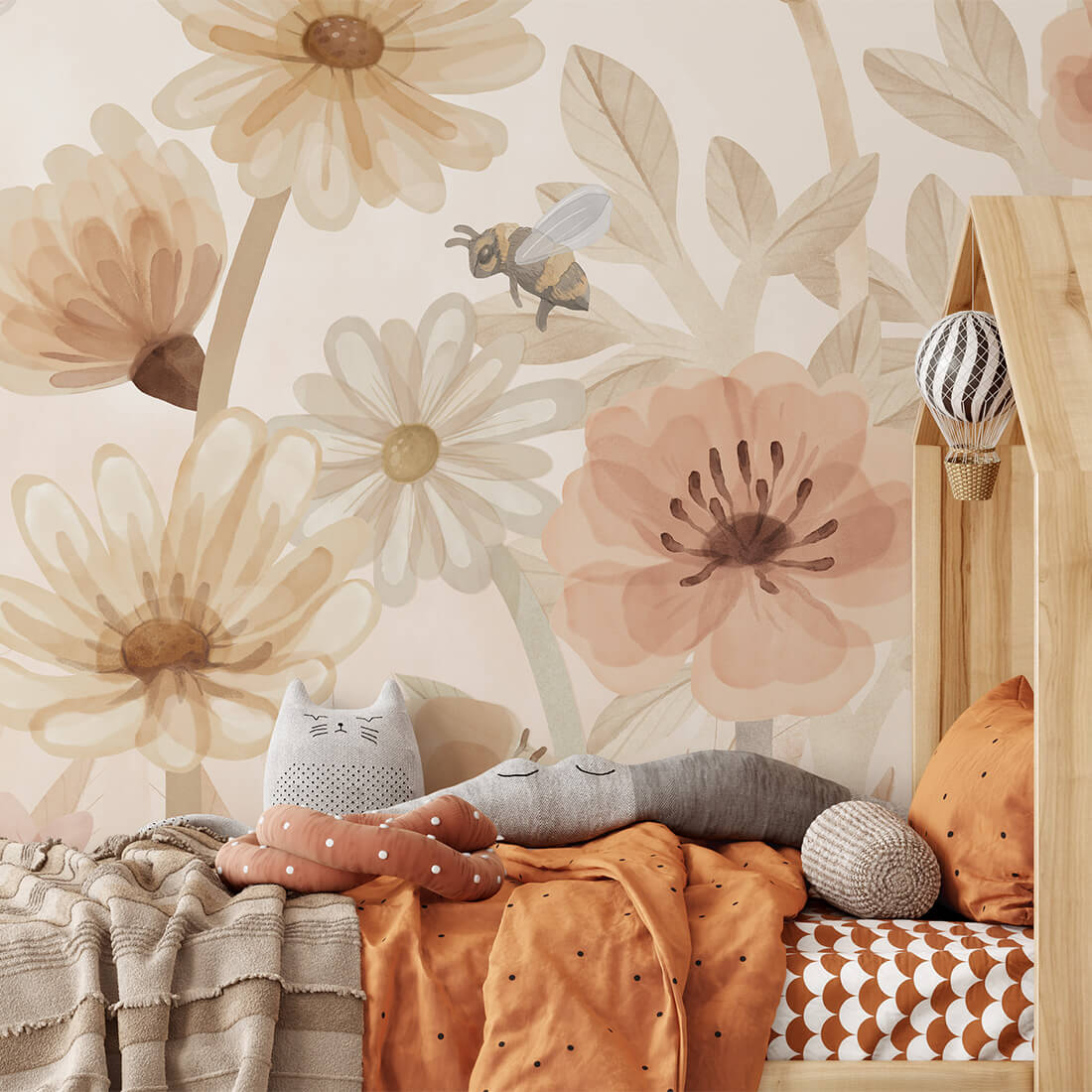 Pastelowe Love bloemenbehang mural voor de kinderkamer meisjeskamer babykamer roze