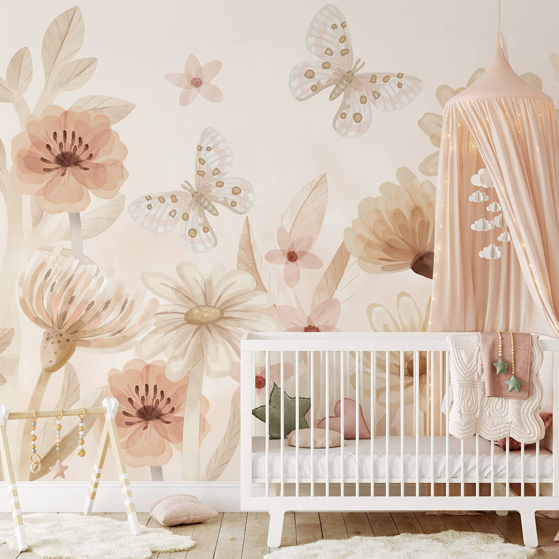 Pastelowe Love bloemenbehang mural voor de kinderkamer meisjeskamer babykamer roze