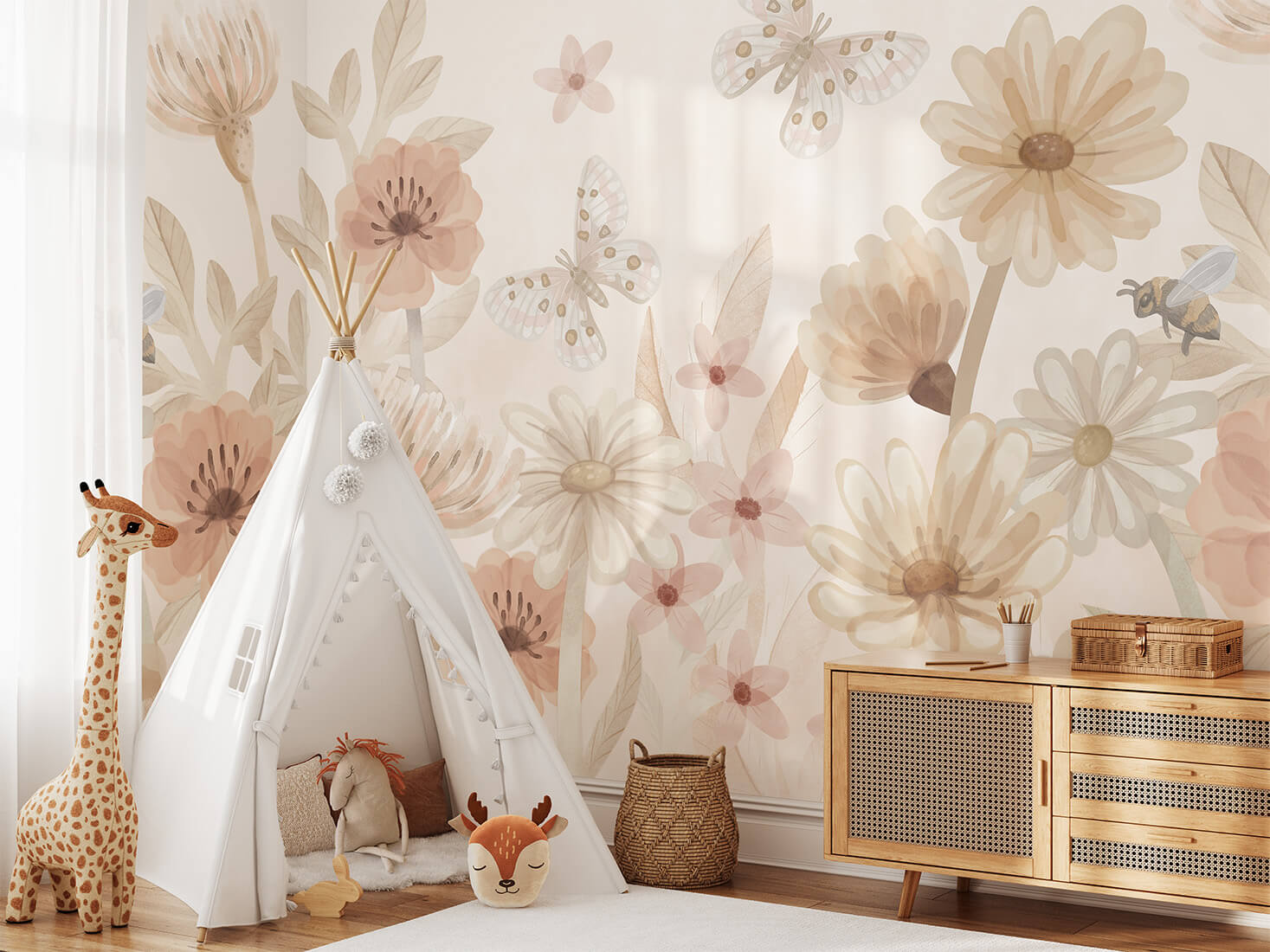 Pastelowe Love bloemenbehang mural voor de kinderkamer meisjeskamer babykamer roze