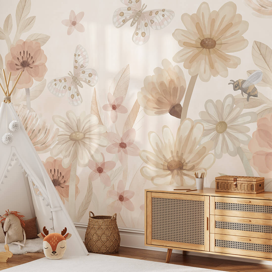 Pastelowe Love bloemenbehang mural voor de kinderkamer meisjeskamer babykamer roze