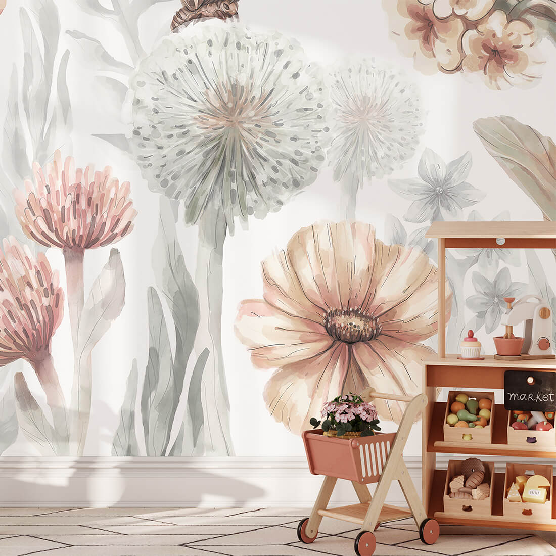 Pastelowe Love bloemenbehang wildflowers mural voor de kinderkamer meisjeskamer babykamer roze