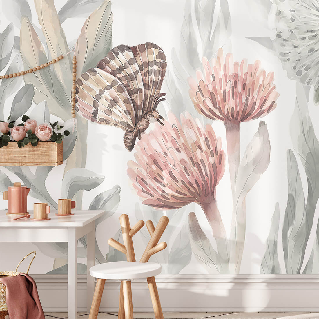 Pastelowe Love bloemenbehang wildflowers mural voor de kinderkamer meisjeskamer babykamer roze