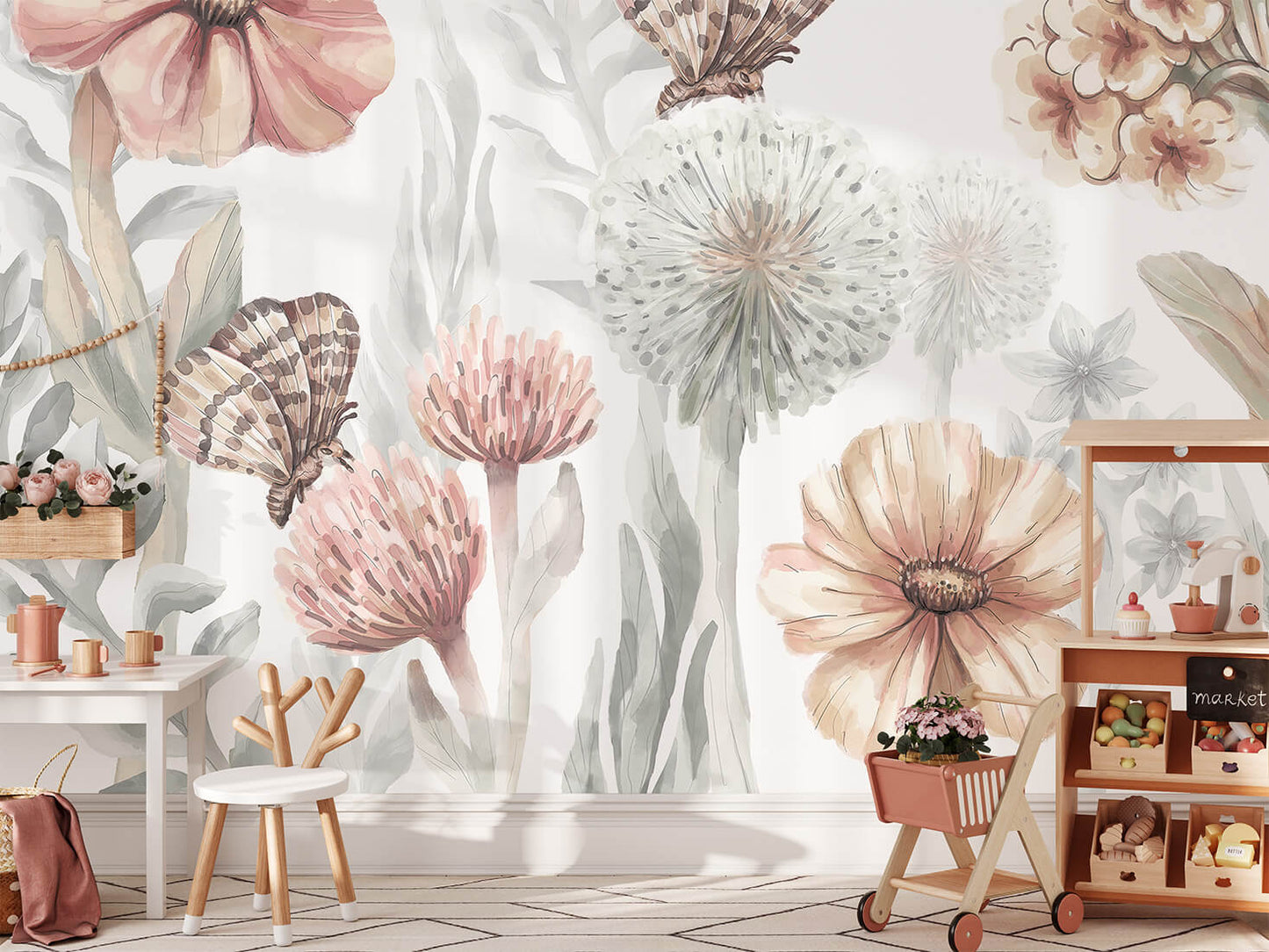 Pastelowe Love bloemenbehang wildflowers mural voor de kinderkamer meisjeskamer babykamer roze