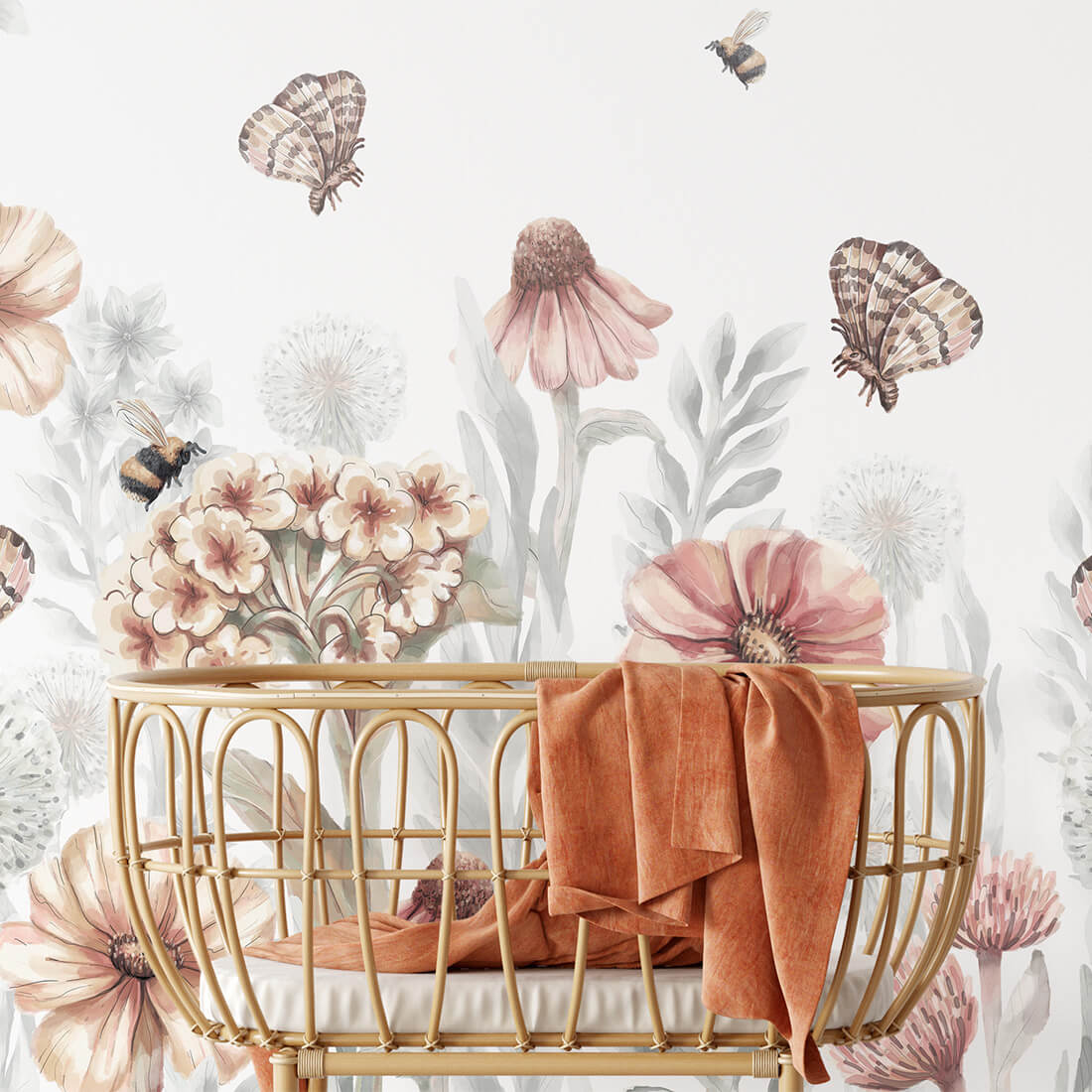 Pastelowe Love bloemenbehang wildflowers mural voor de kinderkamer meisjeskamer babykamer roze