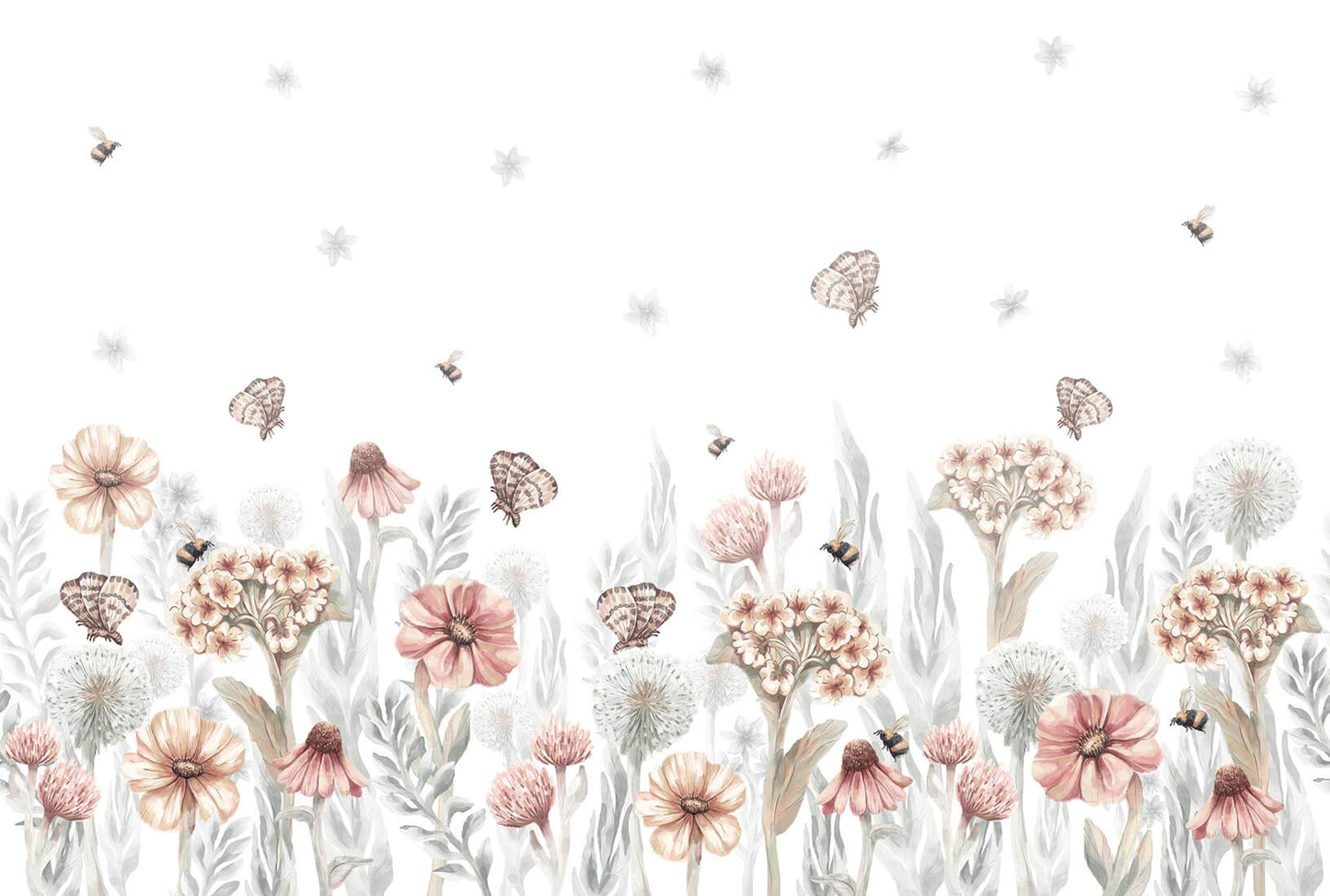 Pastelowe Love bloemenbehang wildflowers mural voor de kinderkamer meisjeskamer babykamer roze