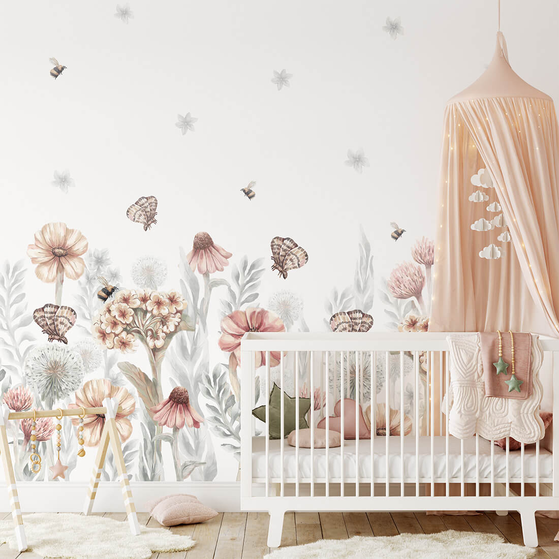 Pastelowe Love bloemenbehang wildflowers mural voor de kinderkamer meisjeskamer babykamer roze